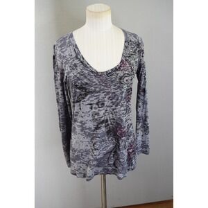 Y2K Cache Womens Large Burnout Top Embellished Long Sleeve V Neck Shirt
